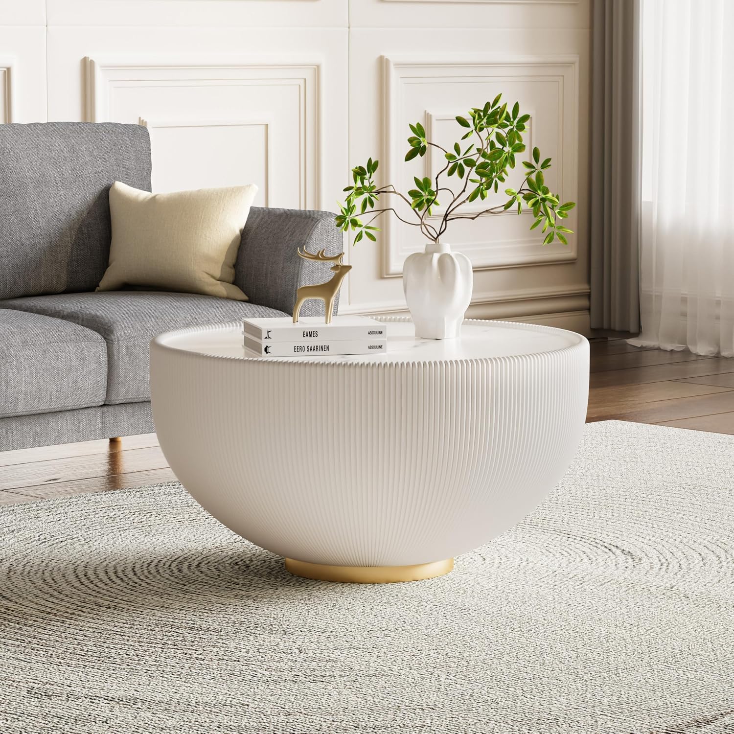 Modern Round Coffee Table Set of 2 Luxury Sintered Stone Top Coffee End Table in White/Orange Leatherette Creative Bowl-Shape Small Coffee Side End Tables for Living Room Bedroom