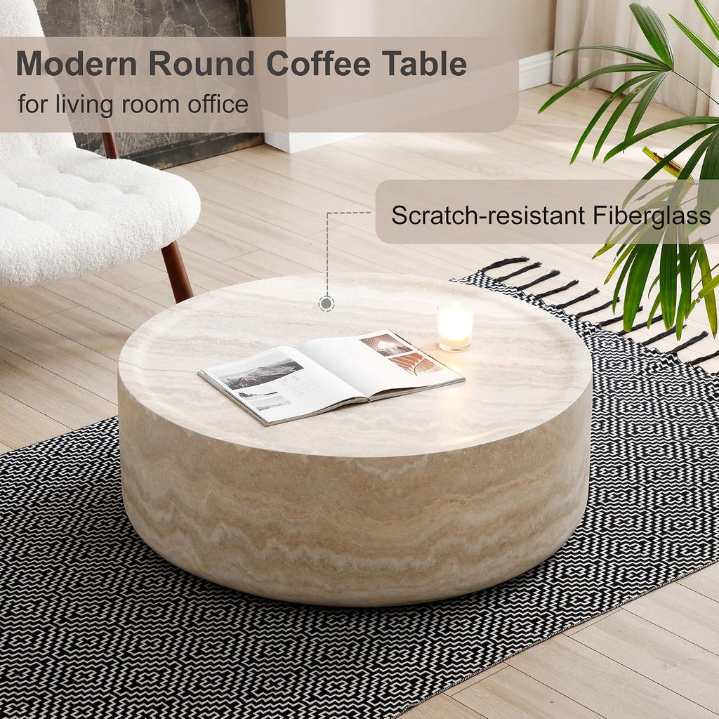 Round Coffee Table for Living Room, Modern Circle Coffee Table Faux Mars Pattern Center Table for Apartment, No Need Assembly (Marble, 31.49 Inch)