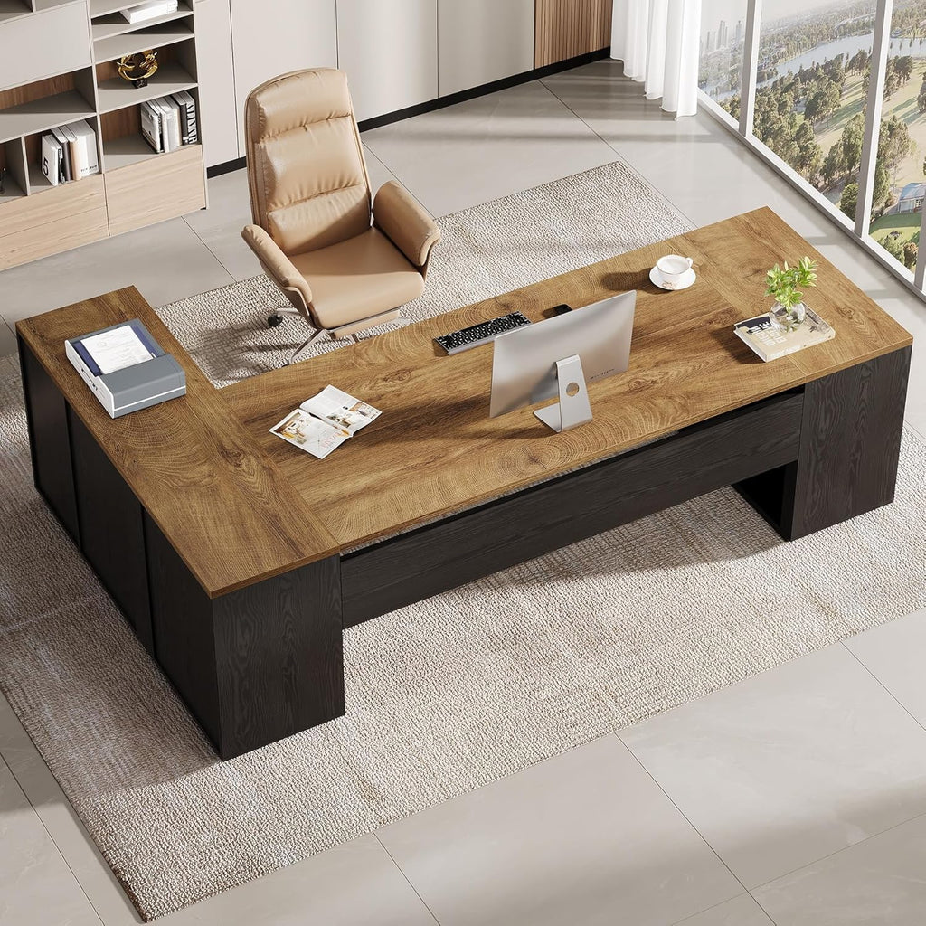 Tribesigns 85.8-Inch L-Shaped Executive Desk, Extra Large Modern Office Desk with File Drawers, Door Cabinet & Shelves, Commercial Office Table, Home Business Workstation, Light Brown & Black