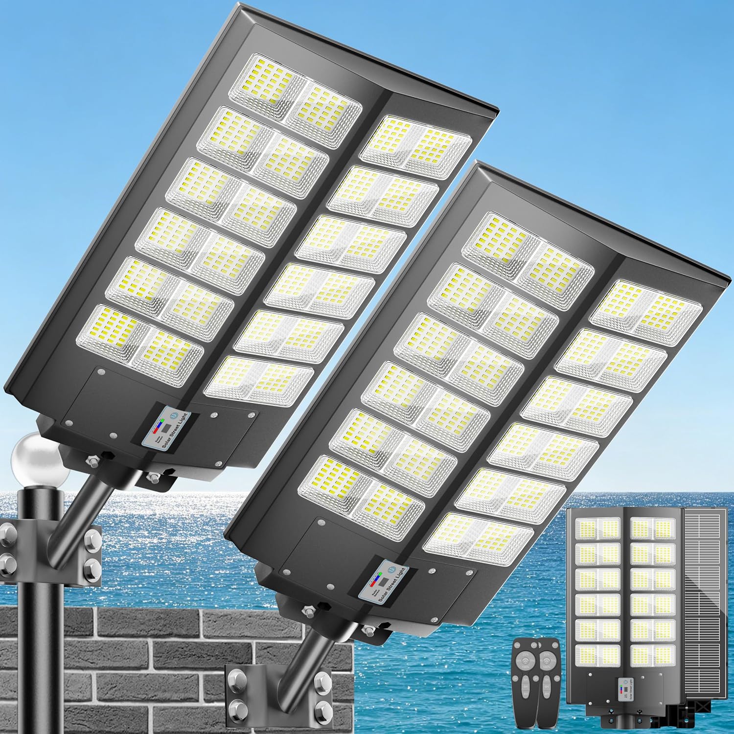 Solar Street Lights Outdoor Waterproof 9000W LED Solar Power Street Light Dusk to Dawn with Mention Sensor Flood Light Large Outdoor Solar Lights for Yard, Entryway Garage