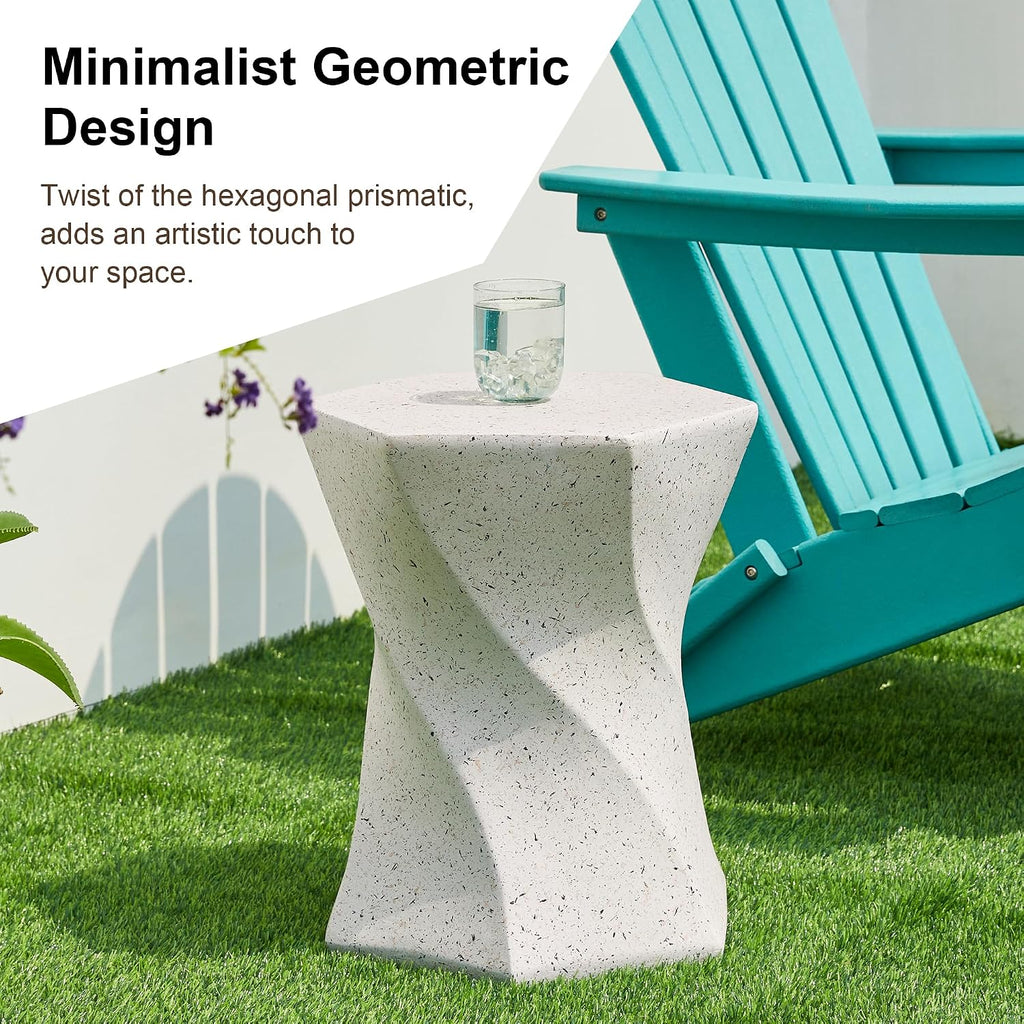 Glitzhome Outdoor Side Table Set of 2, 17.75' H Decorative Garden Stool MGO Twist Faux Terrazzo End Table, Round Planter Stand for Indoor Outdoor Living Room Bedroom Patio Deck Poolside, White