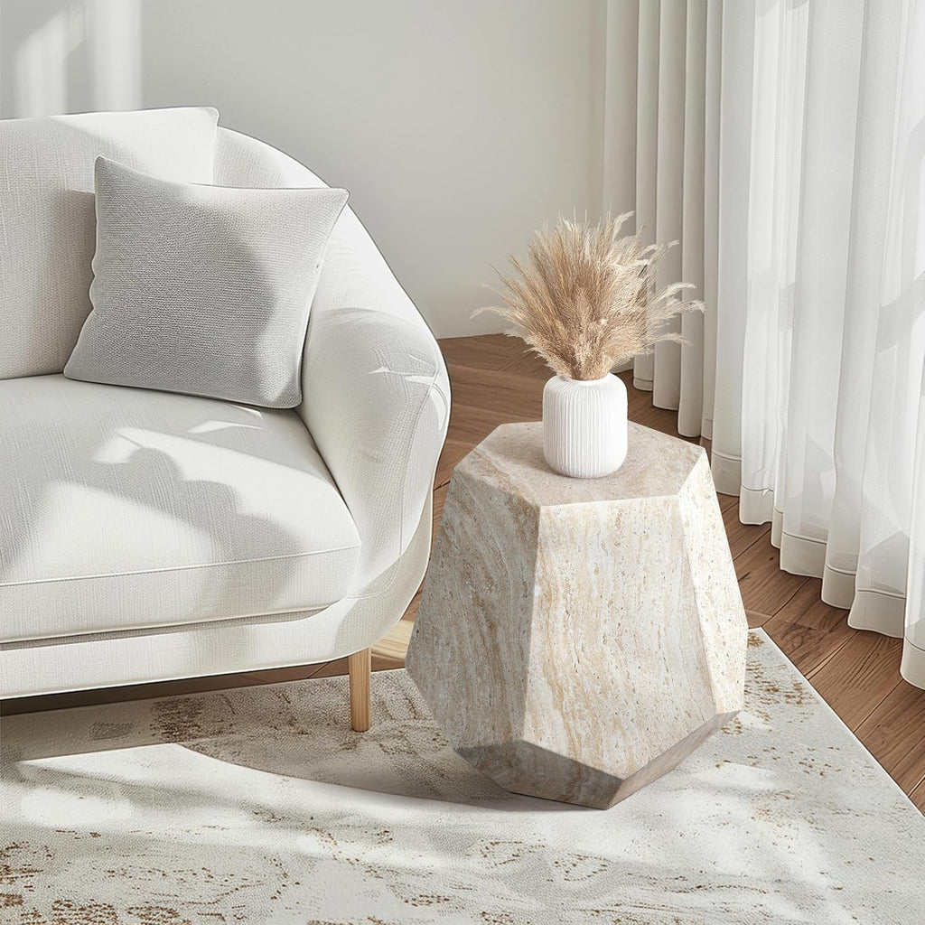 Empire Art Direct Geaometric Travertine Stone Finish Italian Design MgO Side Accent Table, Living Room, Bedroom & Office, 19.6'x19.6'x18.9'