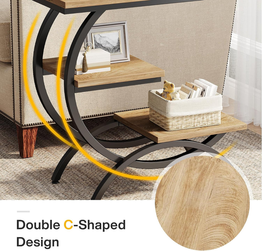 Tribesigns C-Shaped End Table Set of 2, Industrial 3-Tier Small Side Table for Couch, Wood Bedside Table Snack Side Table with Storage Shelves for Living Room Small Space, Light Brown