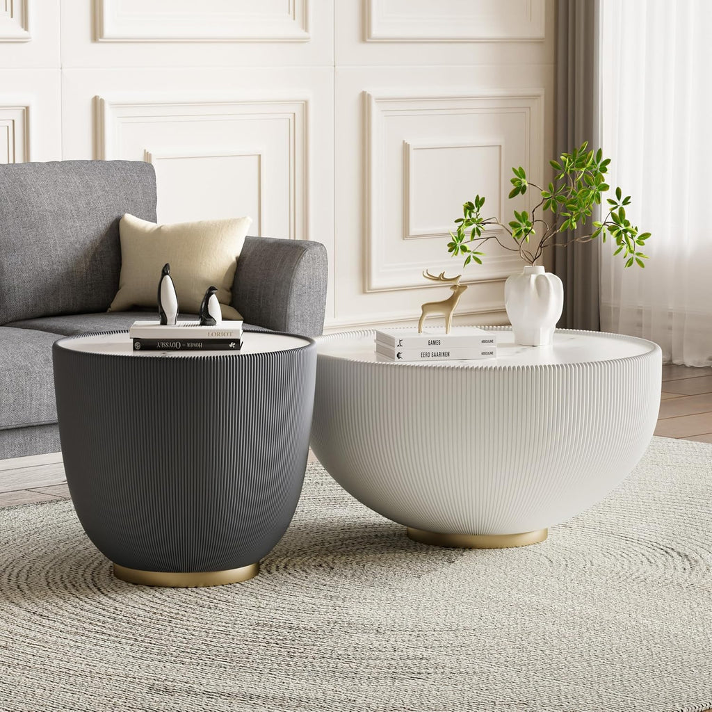 Modern Round End Table Luxury Sintered Stone Top Coffee Table in Grey Leatherette Creative Bowl-Shape Small Coffee Side End Table for Living Room Bedroom,Fully Assembled