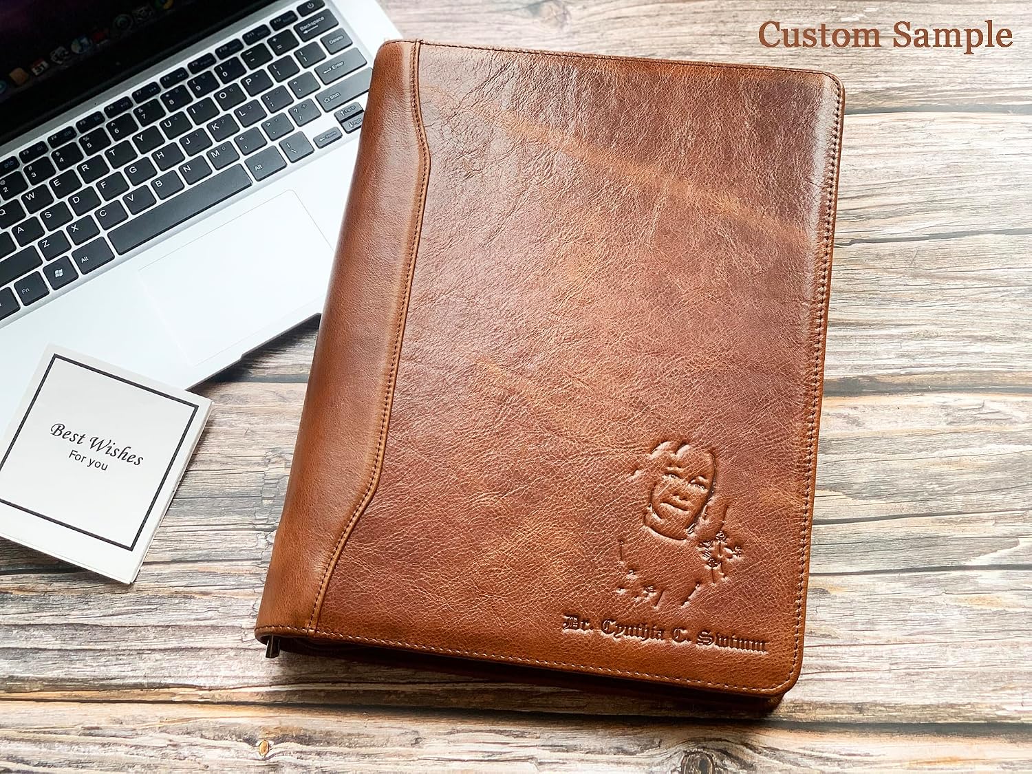DUKE&COW Leather Portfolio with 3 Ring Binder, Personalized Leather Binder Padfolio Executive Folio Zippered, Engraved Leather Folder Portfolio Organizer, Custom Gift for Men Women （Brown, Custom）