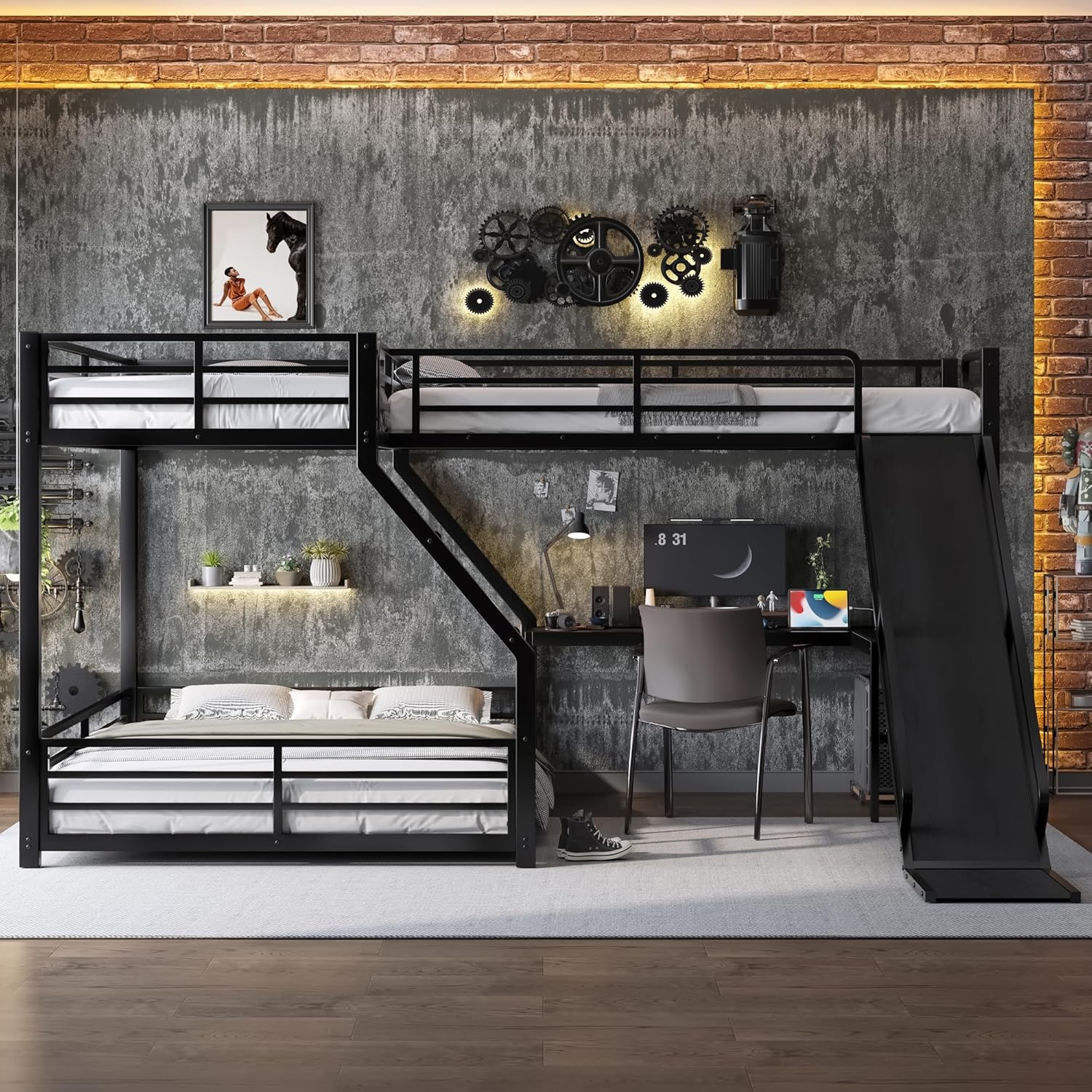 Bellemave Triple Bunk Beds, L-Shape Twin XL Over Queen Bunk Bed Attached a Loft Bed with Desk, Triple Bunk Bed with Slide and USB Ports, Metal Corner Bunkbed Frame for Three Boys Girls Teens, Black