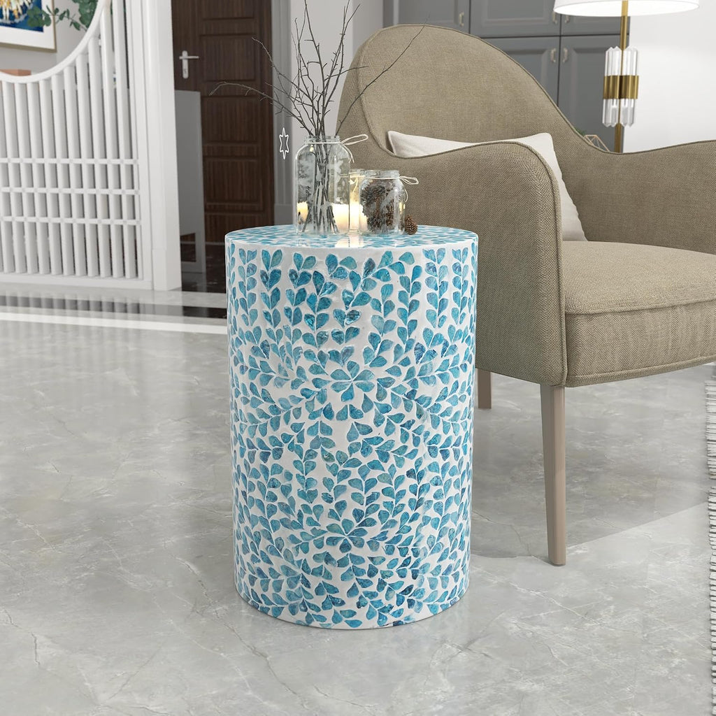 PEMAR Mother of Pearl Inlaid Cylinder Drum End Table Nacre Capiz Shell Side Table Stool Drum Accent Table Coffee Bedside Side Table Round Nightstand and Vanity Stool (Teal Floral)