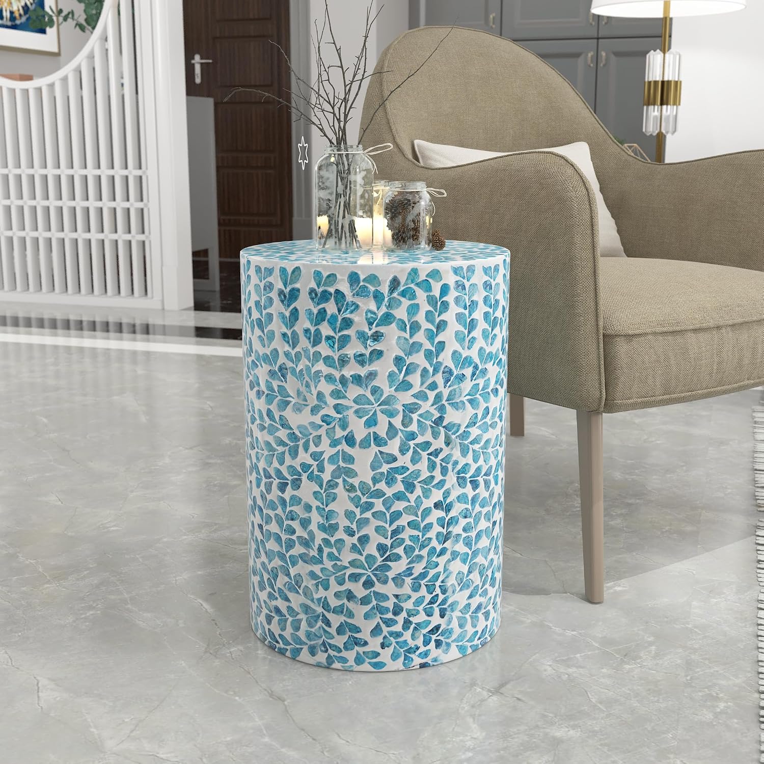 PEMAR Mother of Pearl Inlaid Cylinder Drum End Table Nacre Capiz Shell Side Table Stool Drum Accent Table Coffee Bedside Side Table Round Nightstand and Vanity Stool (Teal Floral)
