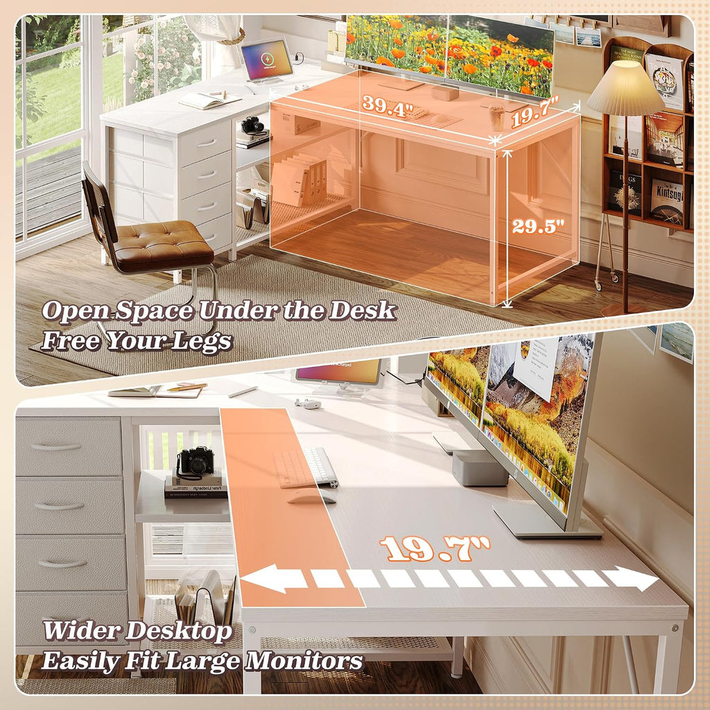 PRAISUN 53' L Shaped Desk with Power Outlets & USB-C Port, Reversible Computer Corner Office Desk with 4 Fabric Drawers and 2 Storage Shelves, Large Desk for Gaming Writing Work Study, White