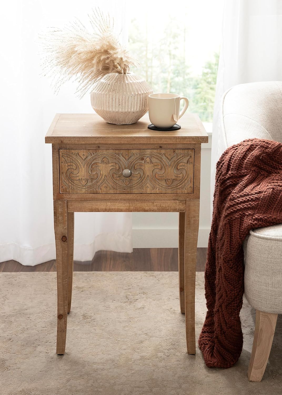 Kate and Laurel Cassetta Soft Rustic Rectangle Side Table; 19 x 14 x 28; Hazelnut; Wooden Living Room End Table with Useful Pull Drawer for Storage