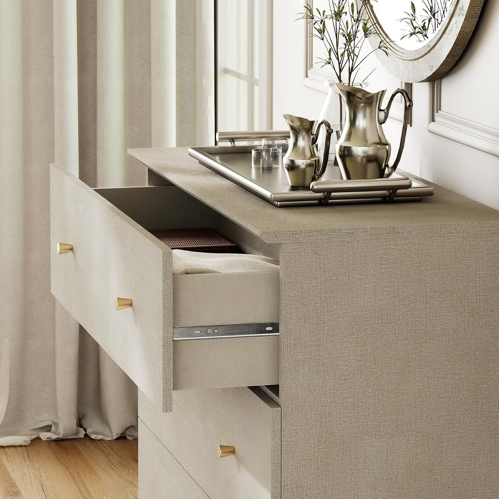 WAMPAT Large Nightstand with 3 Drawers for Bedroom Set of 2, Modern Wood Bedside Chest Dressers, Wide Night Stands Sofa Side End Tables for Living Room, Beige Linen Textured Printed, 35 Inches