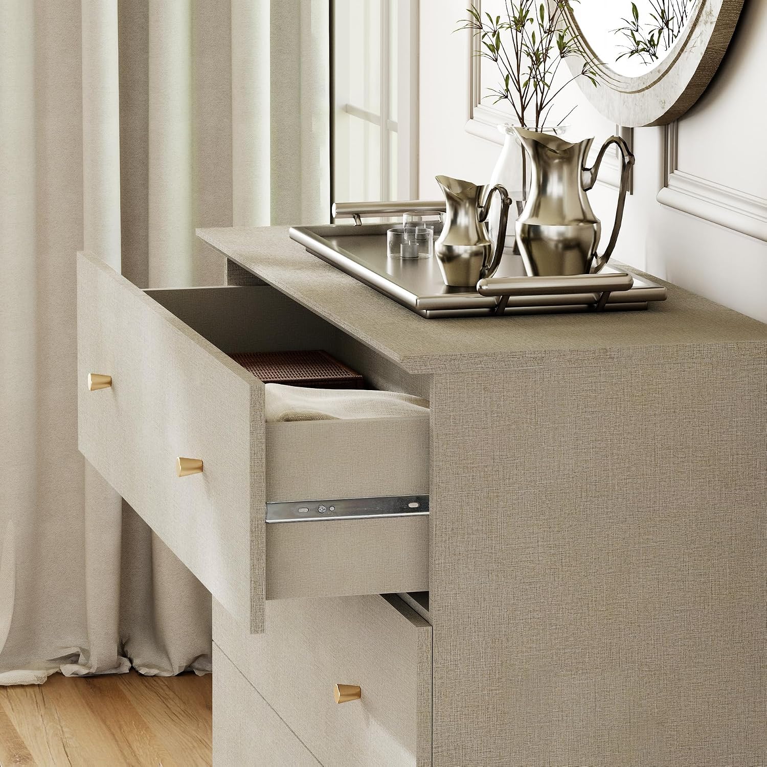 WAMPAT Large Nightstand with 3 Drawers for Bedroom Set of 2, Modern Wood Bedside Chest Dressers, Wide Night Stands Sofa Side End Tables for Living Room, Beige Linen Textured Printed, 35 Inches