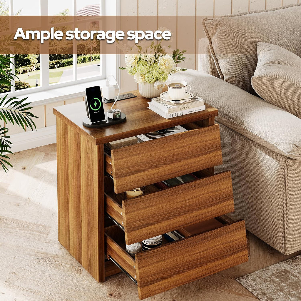 23' Wide Nightstand Set of 2 with Charger Station, Wood Night Stand with 3 Drawers, Modern Bedside Table with USB Ports and Outlets, Storage Bed Side End Table for Bedroom, Living Room (Walnut)