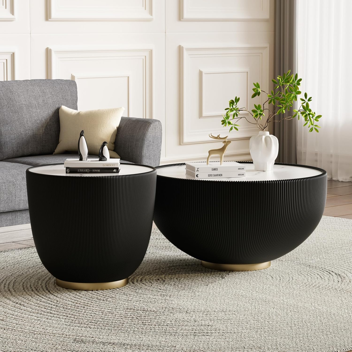 Modern Round Coffee Table Set of 2 Luxury Sintered Stone Top Coffee End Table in Black Leatherette Creative Bowl-Shape Small Coffee Side End Tables for Living Room Bedroom