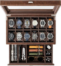 TAWBURY Watch Box for Men - 12 Slot Watch Case with Storage Drawer, Real Glass Display and 2-inch Wide Pillows for Large Watches (Brown)
