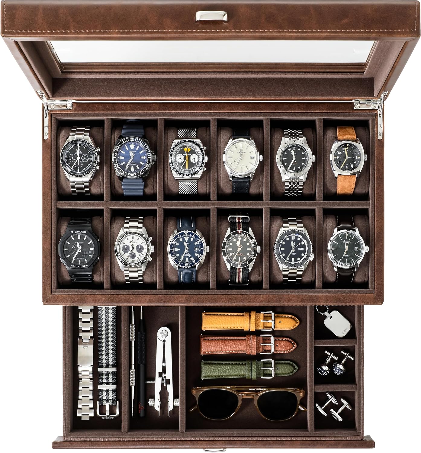TAWBURY Watch Box for Men - 12 Slot Watch Case with Storage Drawer, Real Glass Display and 2-inch Wide Pillows for Large Watches (Brown)