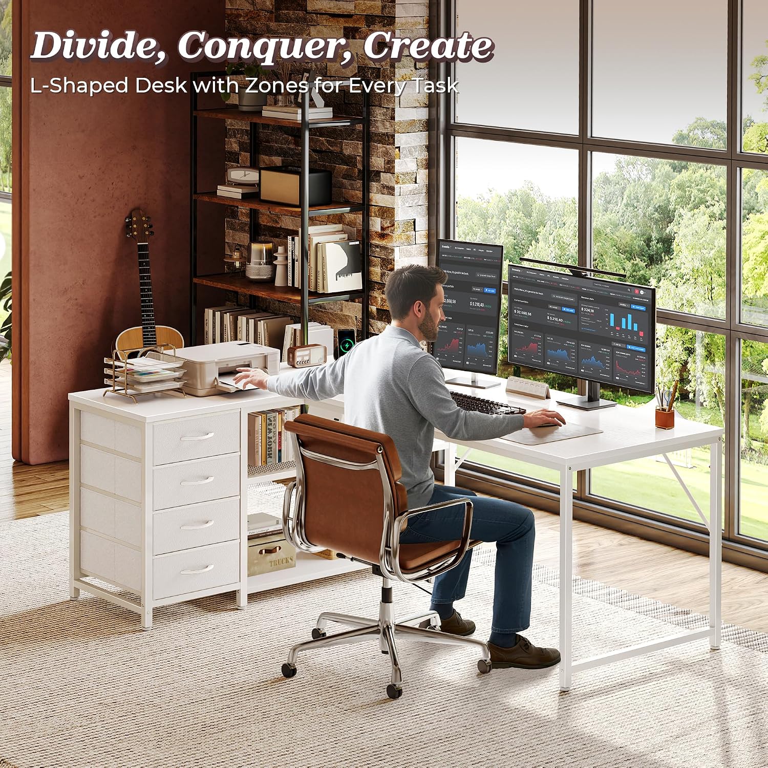 PRAISUN 53' L Shaped Desk with Power Outlets & USB-C Port, Reversible Computer Corner Office Desk with 4 Fabric Drawers and 2 Storage Shelves, Large Desk for Gaming Writing Work Study, White