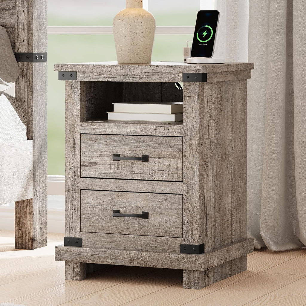 AMERLIFE Farmhouse End Table Set of 2, 18' Wood Night Stand with Charging Station & 2 Storage Drawers, Heavy Duty Bedside Nightstands for Bedroom, Living Room, Light Grey