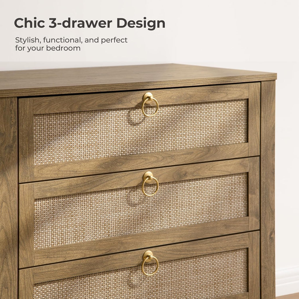 SICOTAS Nightstand Set of 2 with Drawers, Rattan Nightstands, Large Modern Boho Night Stand Wide Bedside Tables for Bedroom