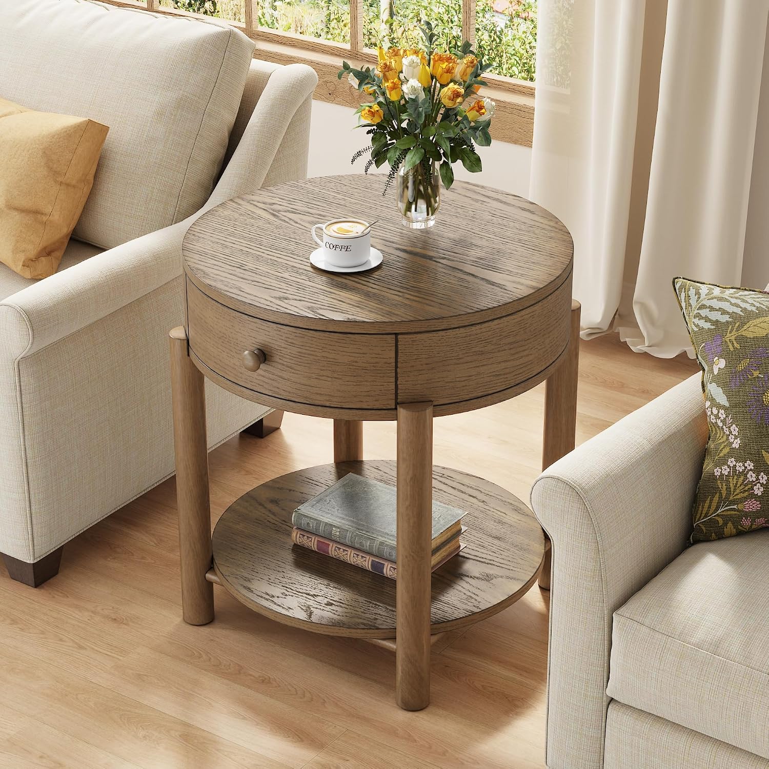 Solid Wood 24' Round End Table with Drawer, 2-Tier Small Sofa Side Table with Open Storage Oak Wood Accent Corner Table Modern Nightstand with Shelf for Living Room Bedroom Office, Brown, 24x25.16in