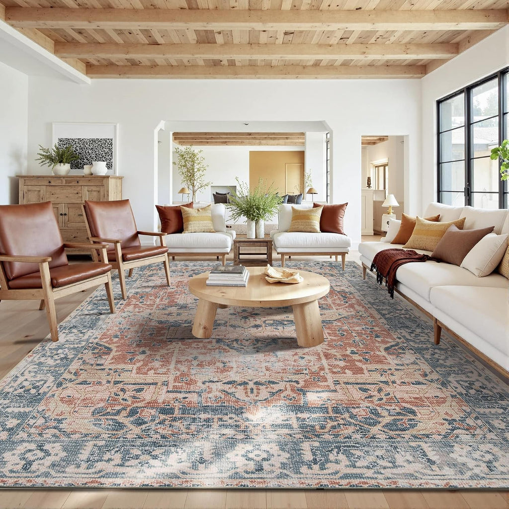 Rugxara 10x14 Area Rugs for Living Room Bedroom, Large Washable Rug, Coral Vintage Retro Boho Rug, Non Slip & Low Pile Faux Wool Thin Carpet for Indoor Dining Room, Kids Room(Coral Blue 10x14ft)