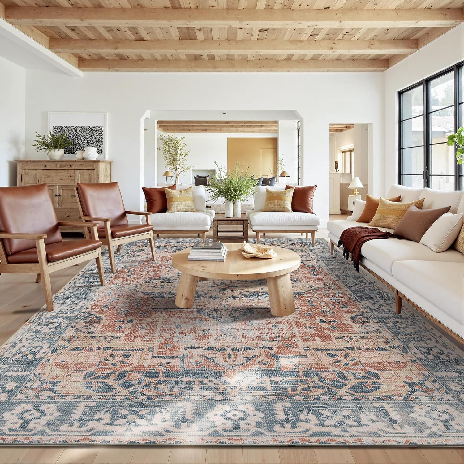 Rugxara 10x14 Area Rugs for Living Room Bedroom, Large Washable Rug, Coral Vintage Retro Boho Rug, Non Slip & Low Pile Faux Wool Thin Carpet for Indoor Dining Room, Kids Room(Coral Blue 10x14ft)