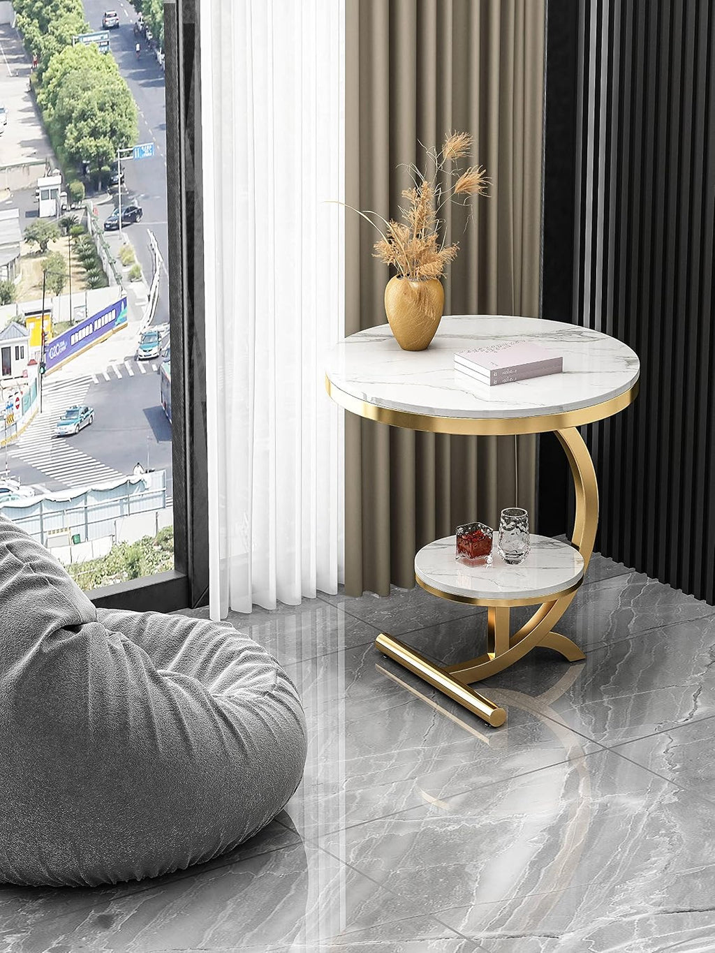 Luxury Marble End Table Decor & More Round Coffee Table with Storage Shelf for Home & Living Room |Gold Coffee Table|Outdoor & Indoor Furniture(Color : Gold+White, Size : Double Layer)