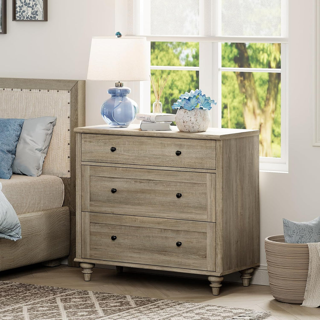 WAMPAT Farmhouse Nightstand with 3 Drawers, Large Wood Bedside Table Night Stand, Wide Sofa Side End Table 3 Drawers Chest of Dresser for Living Room, Bedroom, Grey, 34'