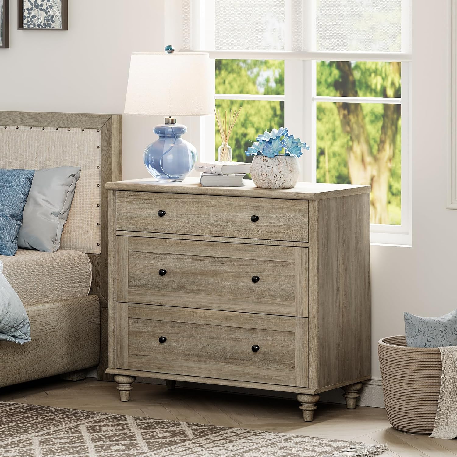 WAMPAT Farmhouse Nightstand with 3 Drawers, Large Wood Bedside Table Night Stand, Wide Sofa Side End Table 3 Drawers Chest of Dresser for Living Room, Bedroom, Grey, 34'