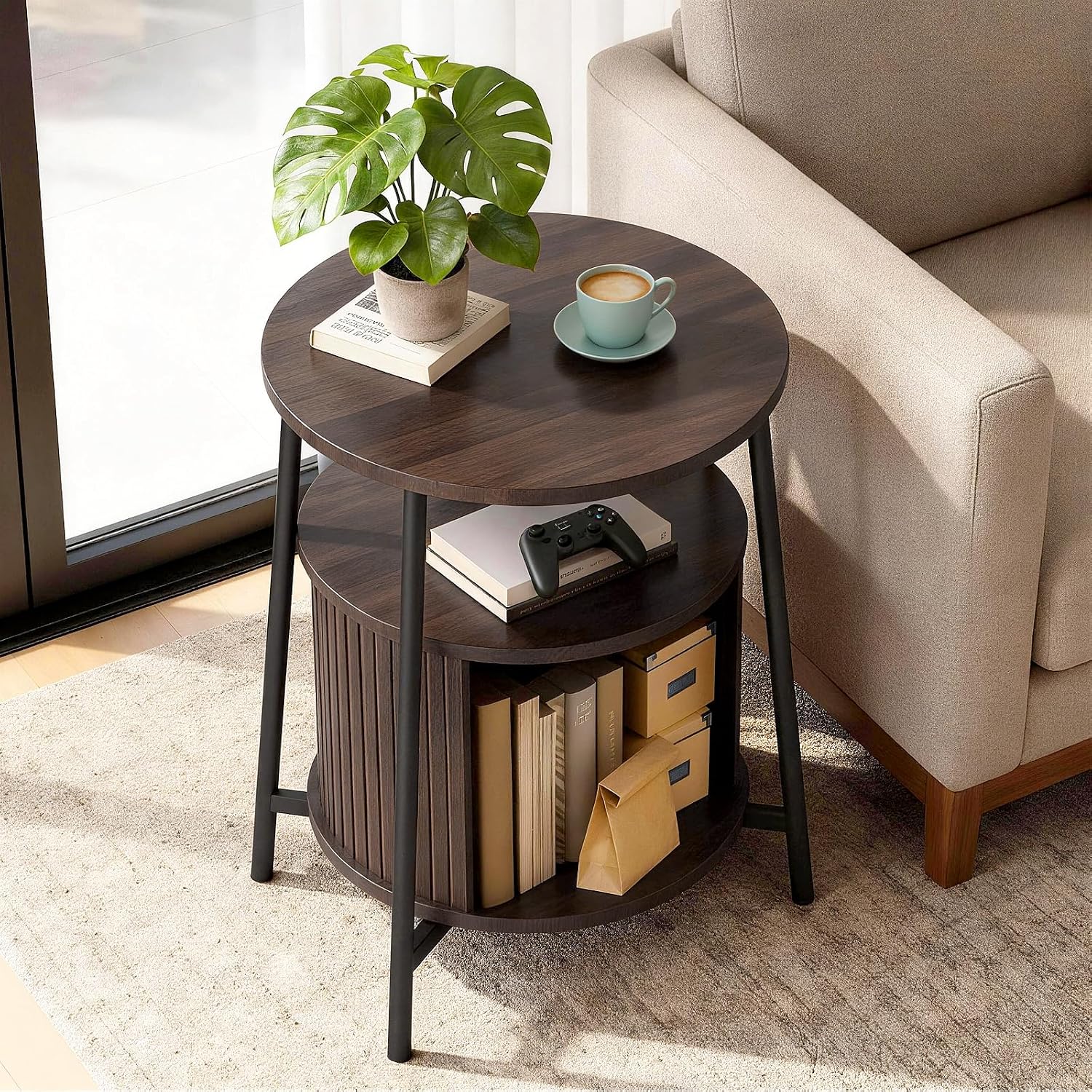 DHH Round End Tables Set of 2 & Charging Station, Fluted Accent Side Table with Sliding Door, Mid-Century Modem Nightstand Set for Small Space Storage, Living Room, Bedroom,Sofa Couch(Dark Walnut)