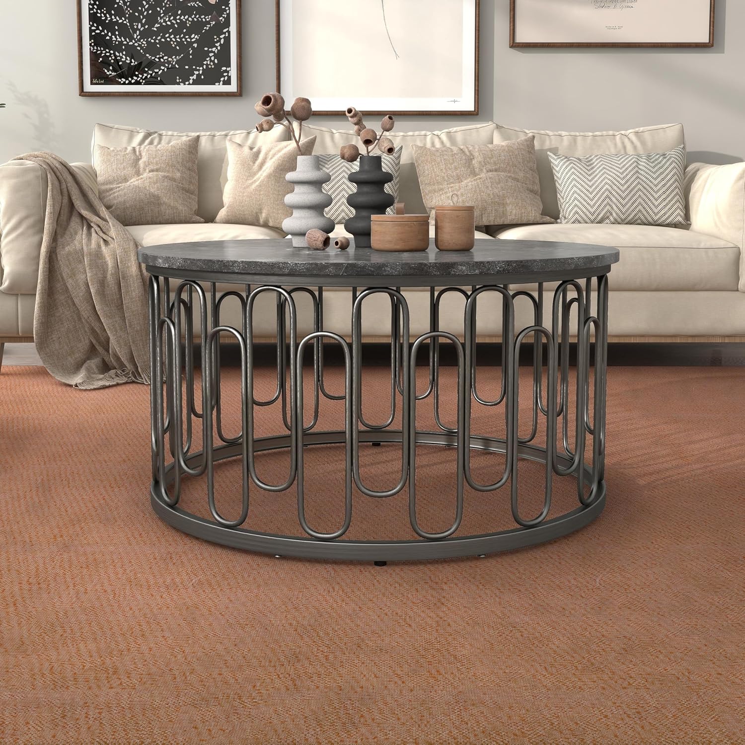 Furniture of America Davis Modern Round Coffee Table with Marble Top & Sturdy Metal Legs & Open Shelf for Living Room, Apartment, Small Space, Black