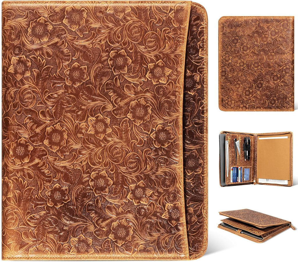Gexmil Leather Portfolio Organizer for Women Men, Business Padfolio Folder with Zipper, Full Grain Leather,Interview Legal Document File Resume Organizer, A4 Writing Notepad Padfolio, Floral Brown