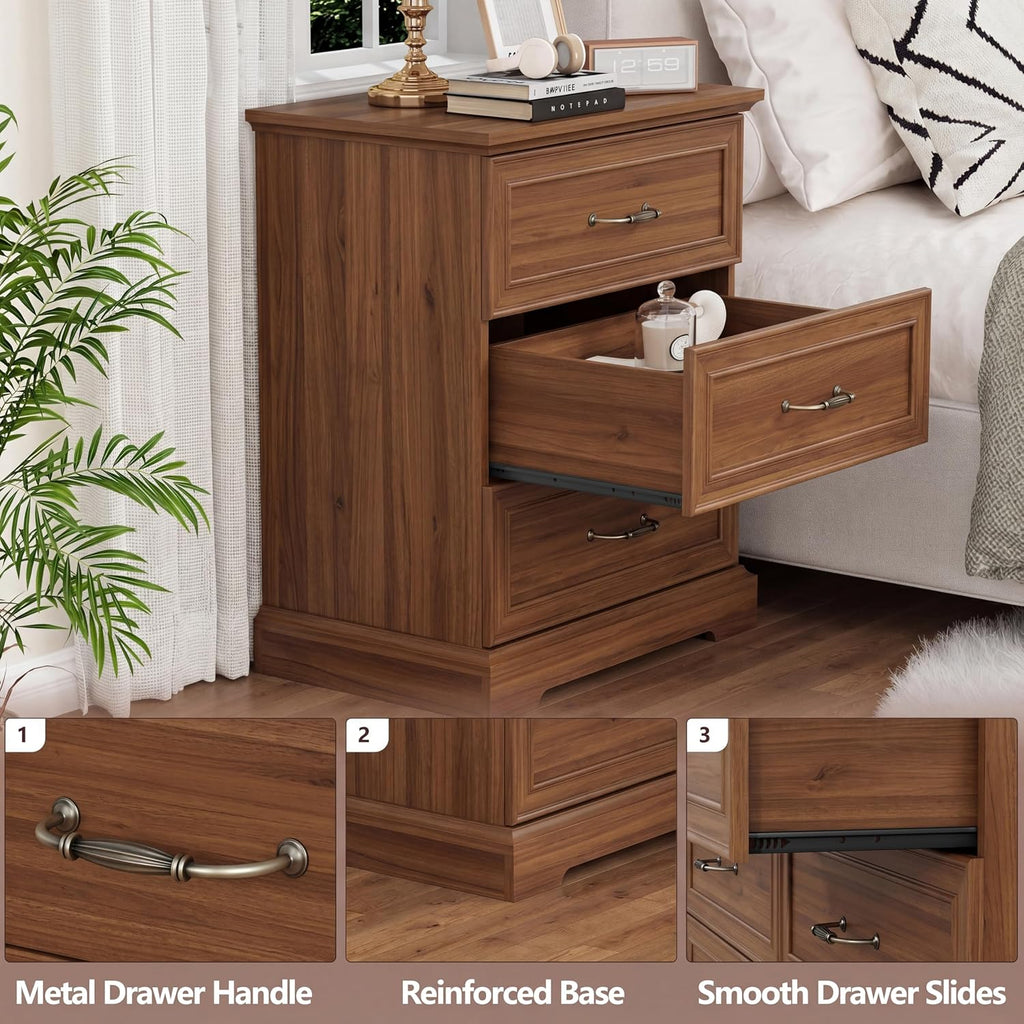 Nightstand Set of 2,24' Wide End Table with 3 Large Drawers & Metal Handles,Rustic Farmhouse Wood Small Dresser,Bedside Table,Modern Chest of Drawers for Bedroom,Living Room,Walnut