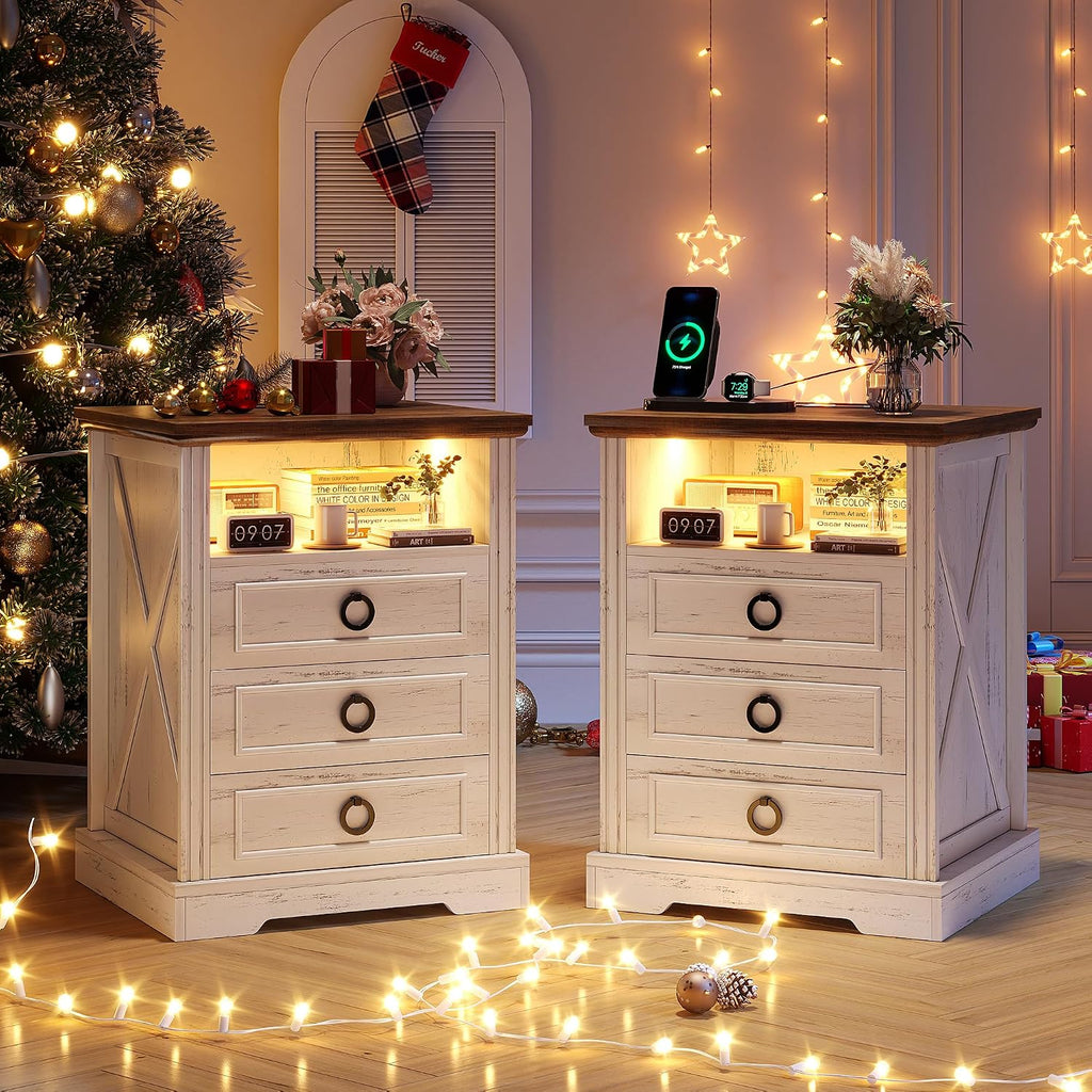 Nightstand Set 2 with Charging Station, Farmhouse End Side Table with 3 Drawers and Open Storage, Smart Bedside Table with LED Light & Human Sensor for Bedroom, Living Room,White,Chest