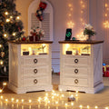 Nightstand Set 2 with Charging Station, Farmhouse End Side Table with 3 Drawers and Open Storage, Smart Bedside Table with LED Light & Human Sensor for Bedroom, Living Room,White,Chest