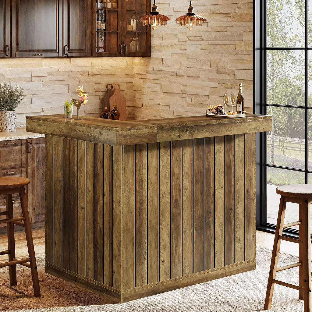 Tribesigns Home Bar Unit, L Shaped Bar Table for Home, 4-Tier Corner Liquor with Storage Shelves and Wine Glasses Holder, Industrial Wine Cabinet Reception Desk for Basement (1, Brown)