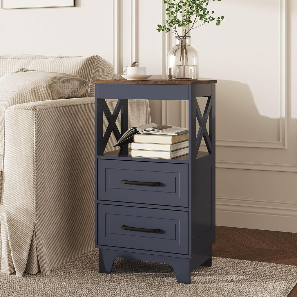 Tall Nightstand Set of 2 Side Table with 2 Drawers Modern Night Stand Wooden Rustic End Table Bedside Table with Upper Open Shelf Solid Feet for Bedroom Navy Blue+Walnut