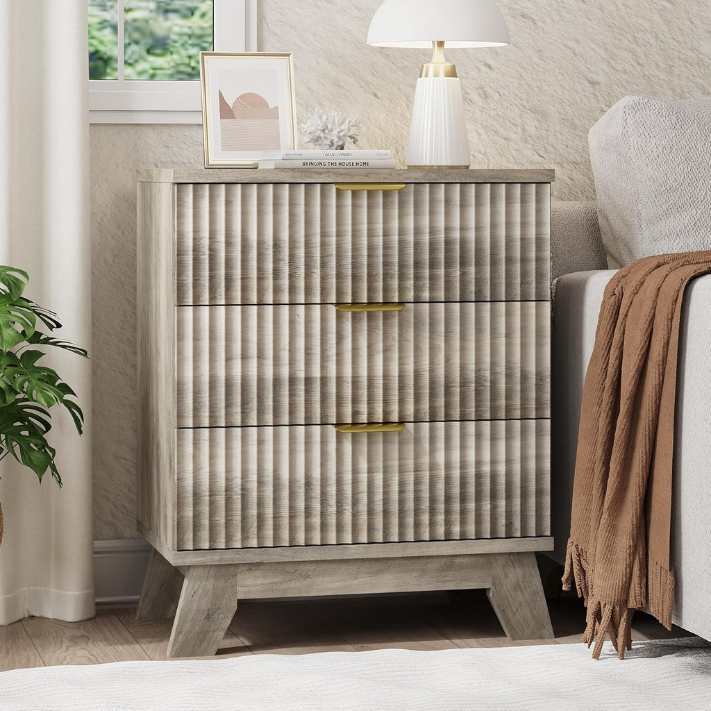 Fluted Nightstand, 24' Wide Side Table with 3 Large Storage Drawers, Mid Century Modern Wood Night Stand with Metal Handle, Wooden Bedside End Table for Bedroom, Living Room, Closet, Grey