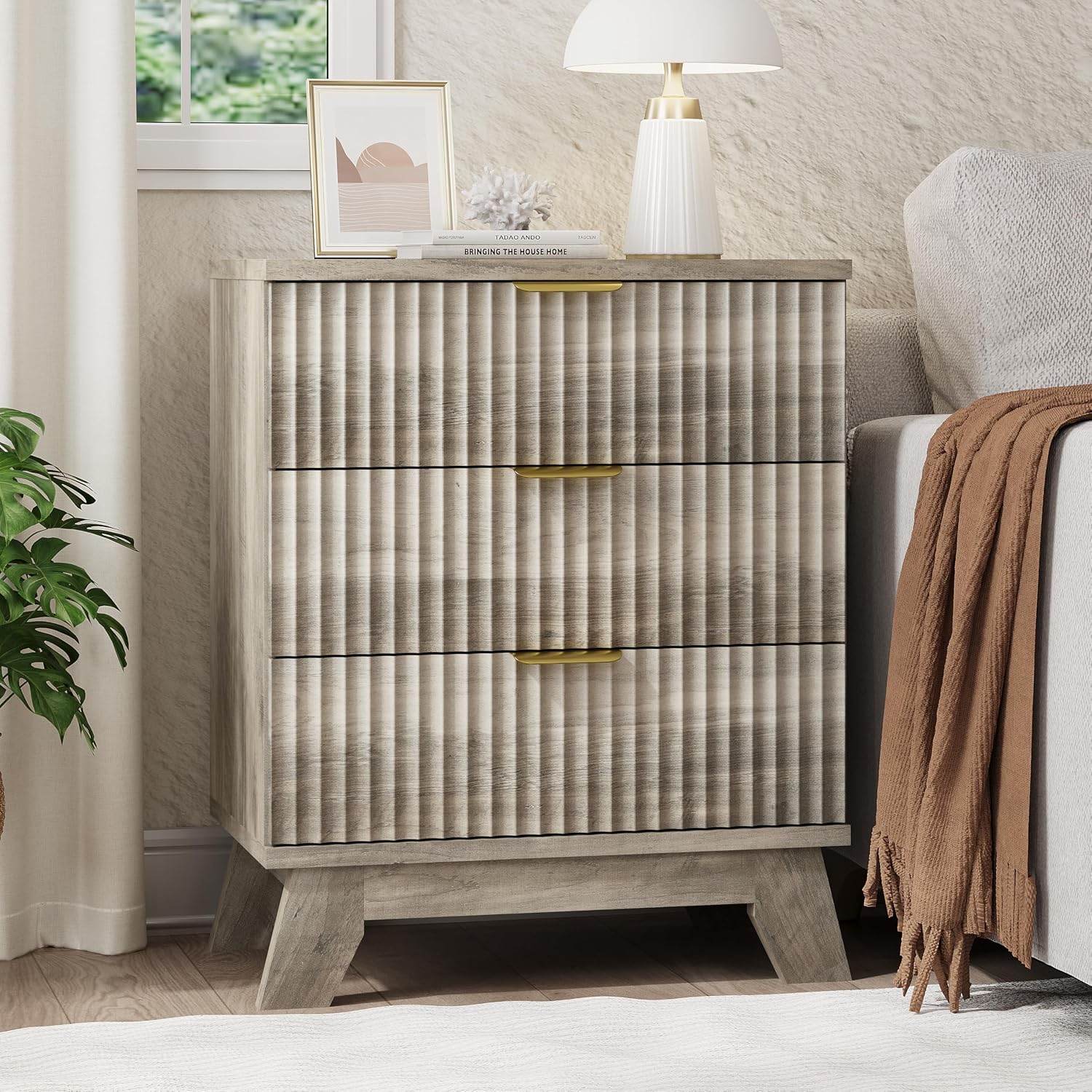 Fluted Nightstand, 24' Wide Side Table with 3 Large Storage Drawers, Mid Century Modern Wood Night Stand with Metal Handle, Wooden Bedside End Table for Bedroom, Living Room, Closet, Grey