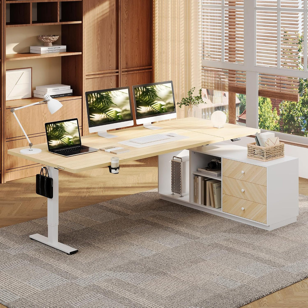 FLEXISPOT L Shaped Standing Desk with Drawers, Large Electric Height Adjustable Executive Desk, Sit Stand Desk for Home Office and Workstation, PC Cabinet (71'x32' White Wood Grain)