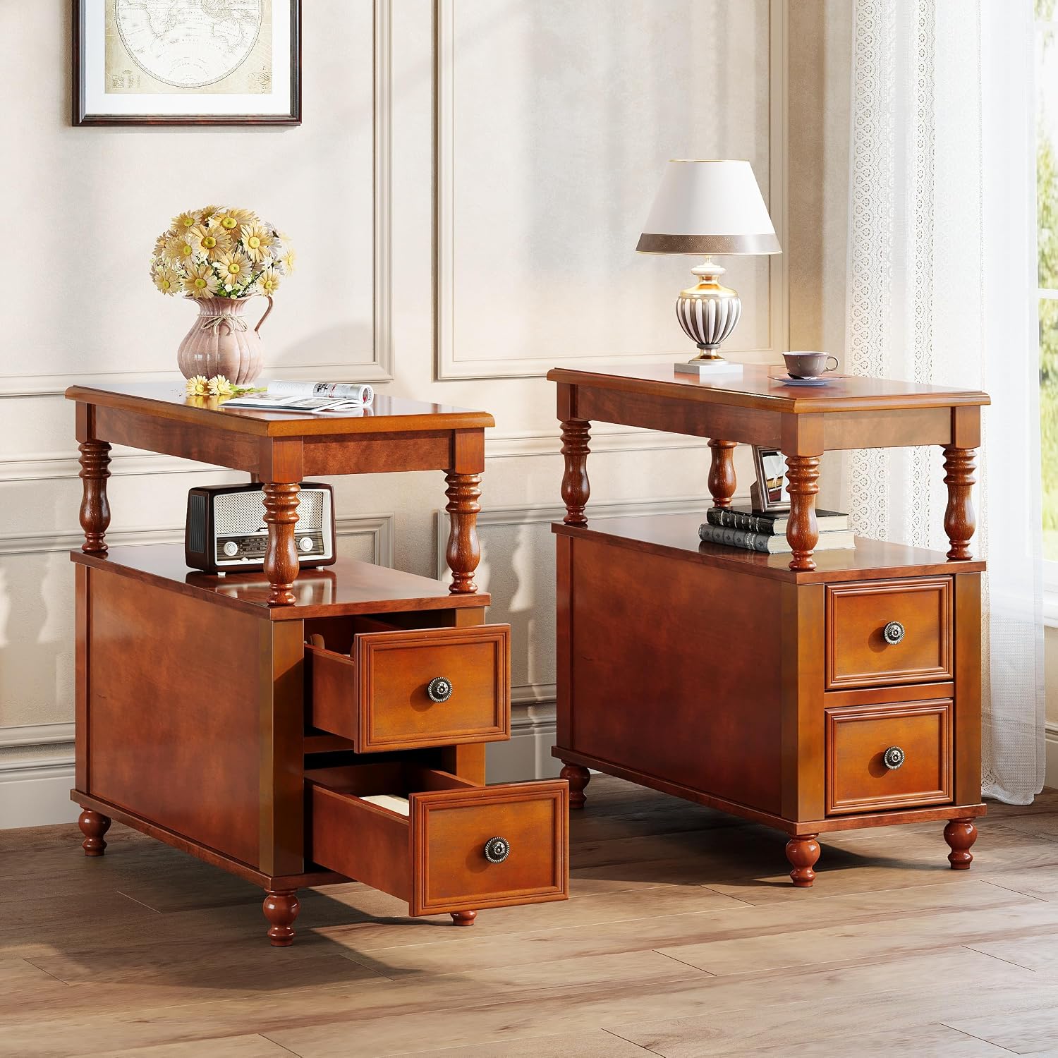 Tribesigns Wood End Table with 2 Drawers, Mid-Century Wooden Slim Side Table Nightstands with Storage Shelf, Accent Table for Living Room, Easy to Assemble (Walnut)
