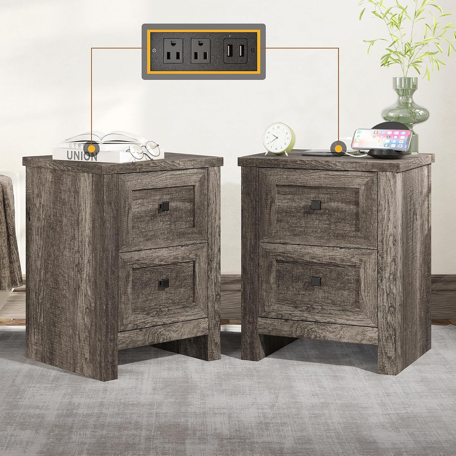 AMERLIFE Nightstand Set of 2 with Charging Station, Rustic Bedside Table with Drawers Storage, Farmhouse Wood Night Stand for Bedroom, Rustic Grey