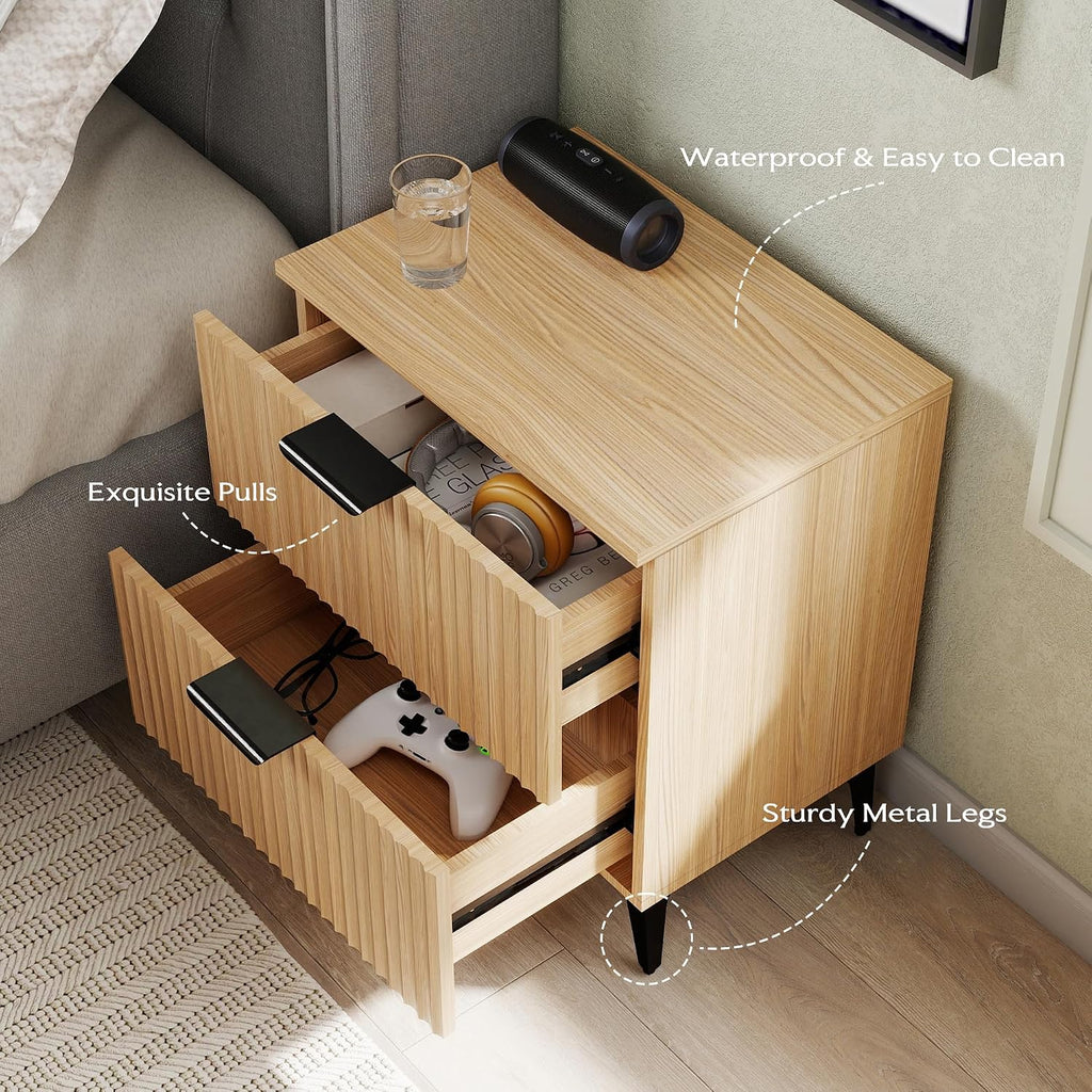 SUNWAVE Fluted Nightstand Set of 2, Modern Night Stands with 2 Drawers, Bedside Table for Twin/Full/Queen Bed, End Table with Robot-Friendly Metal Legs for Bedroom, Living Room
