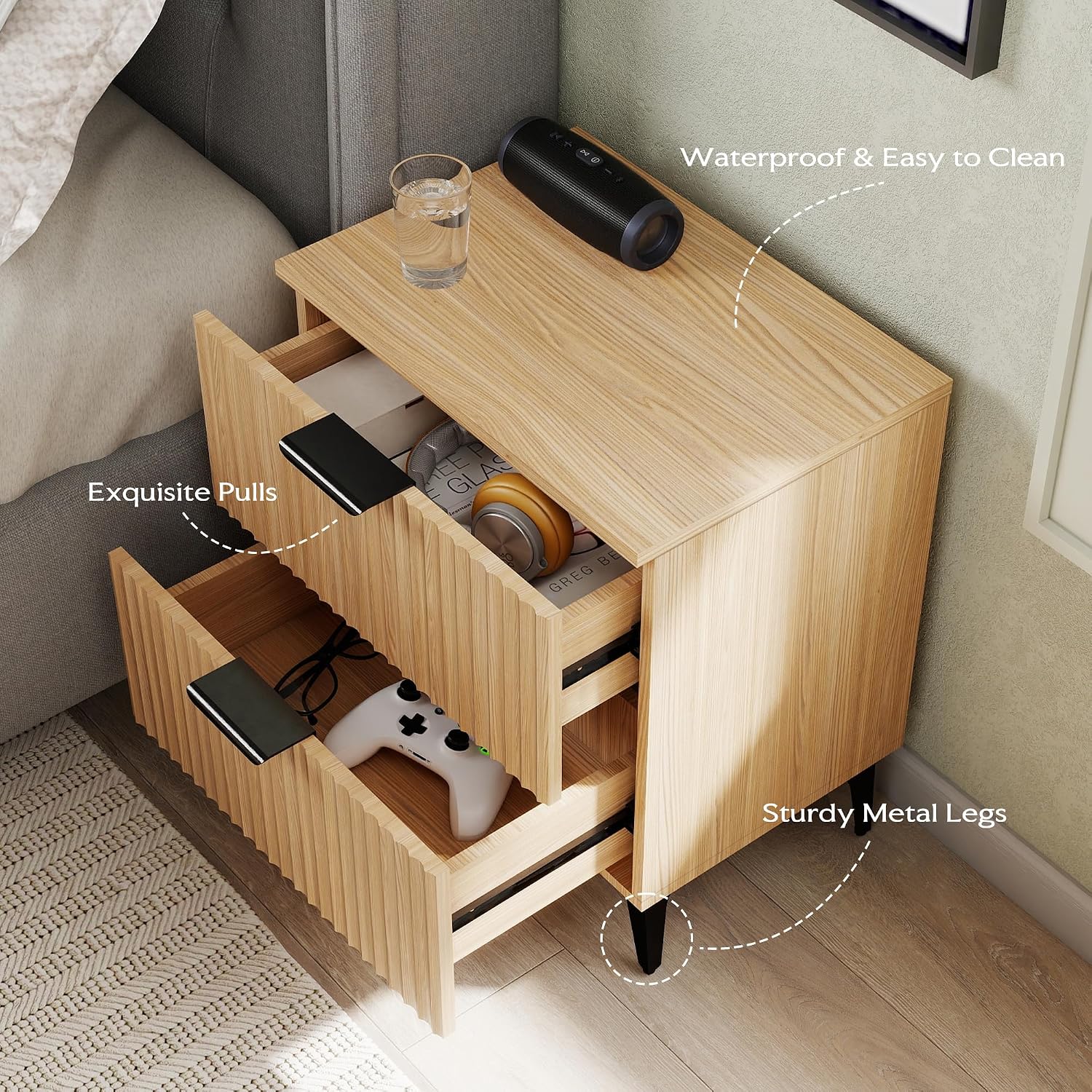SUNWAVE Fluted Nightstand Set of 2, Modern Night Stands with 2 Drawers, Bedside Table for Twin/Full/Queen Bed, End Table with Robot-Friendly Metal Legs for Bedroom, Living Room