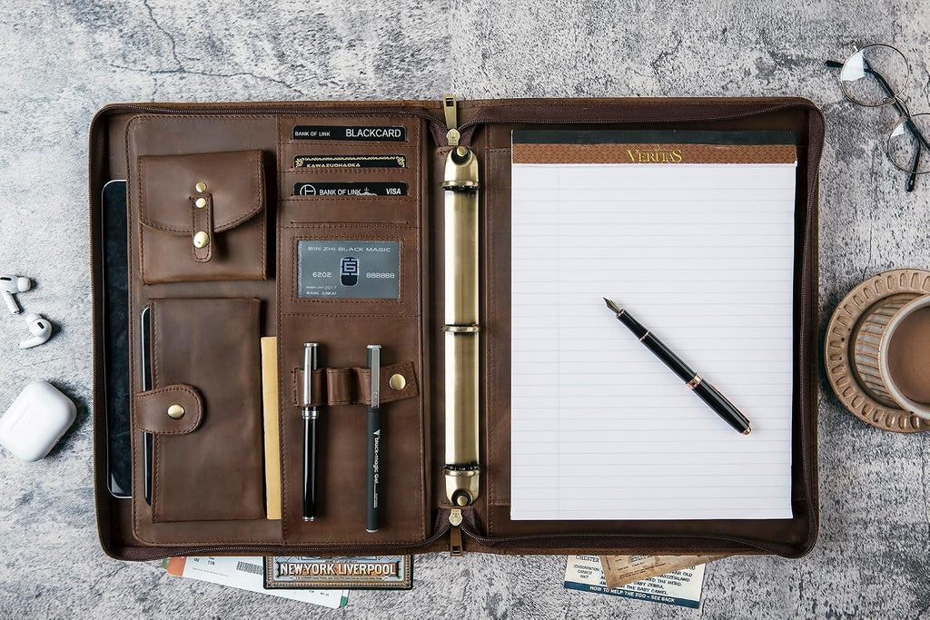 DUKE&COW Leather Portfolio with 3 Ring Binder, Personalized Binder Padfolio Executive Folio Zippered, Engraved Folder Organizer, Custom Gift for Men Women （Dark Khaki, Custom）