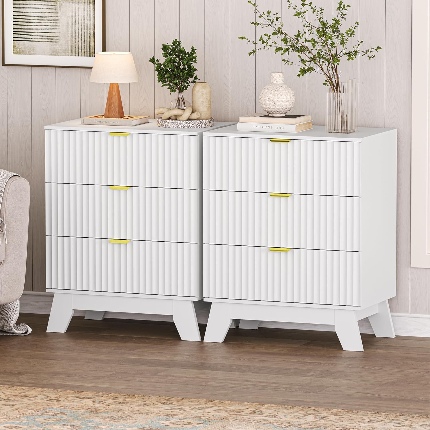 Nightstand Set of 2 with 3 Large Drawers,24' Wide End Table with Curved Metal Handles,Fluted Wood Small Dresser,Bedside Table,Modern Chest of Drawers for Bedroom,Living Room, White