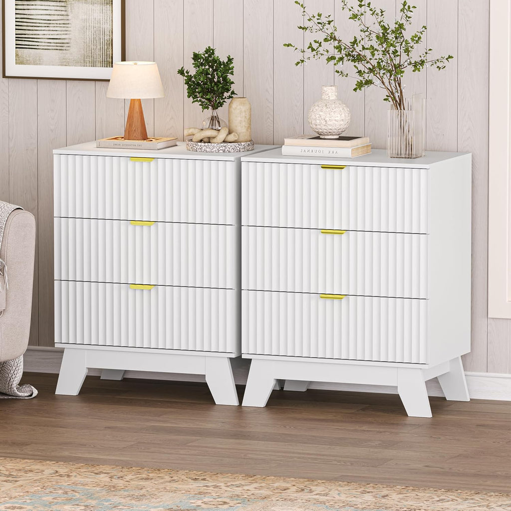 Nightstand with 3 Large Drawers,24' Wide End Table with Curved Metal Handles,Fluted Wood Small Dresser,Bedside Table,Modern Chest of Drawers for Bedroom,Living Room, White