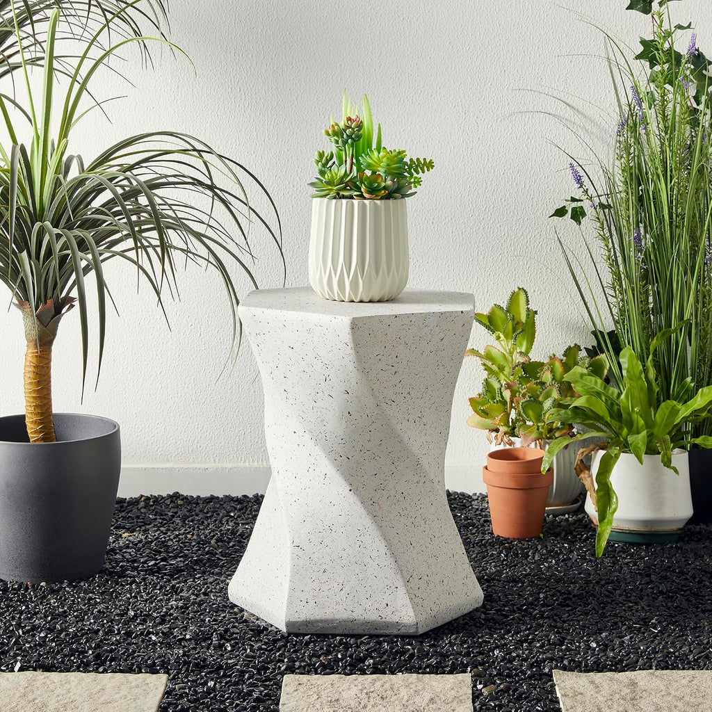 Glitzhome Outdoor Side Table Set of 2, 17.75' H Decorative Garden Stool MGO Twist Faux Terrazzo End Table, Round Planter Stand for Indoor Outdoor Living Room Bedroom Patio Deck Poolside, White