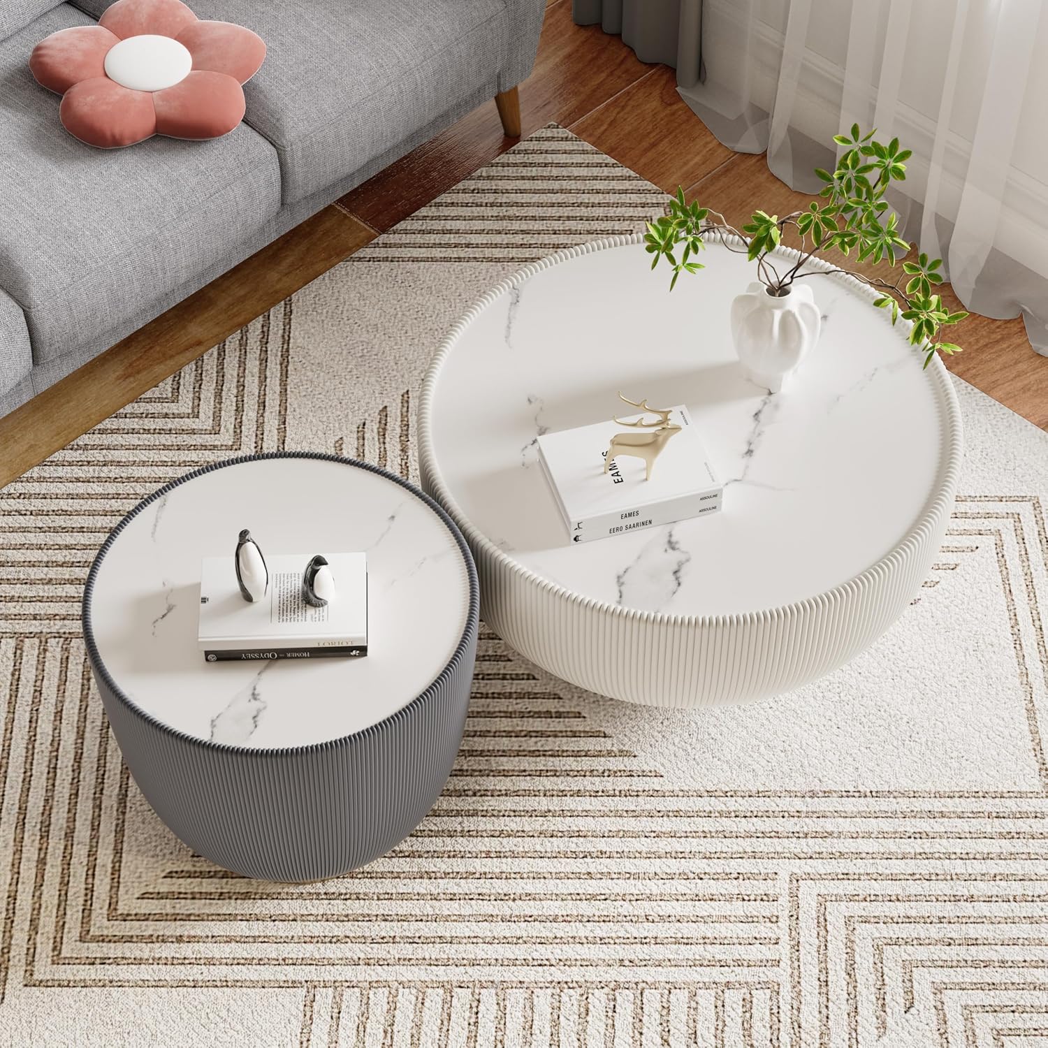 Modern Round Coffee Table Set of 2 Luxury Sintered Stone Top Coffee End Table in White/Grey Leatherette Creative Bowl-Shape Small Coffee Side End Tables for Living Room,Fully Assembled