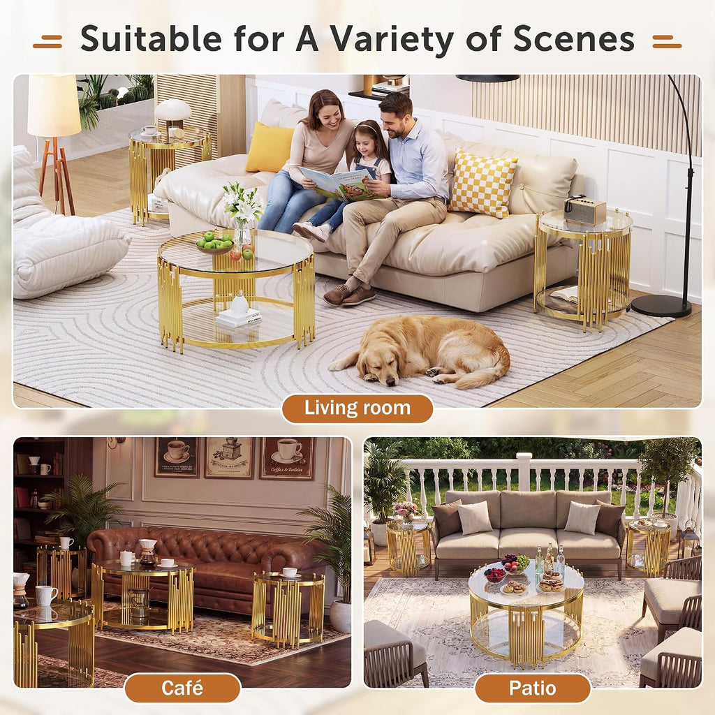 Luxury Gold Round Glass End Table Set of 2, 19.7' Modern Side Table with Stainless Steel Irregular Leg Clear Tempered Glass Tabletop, Accent Furniture for Living Room, Clear